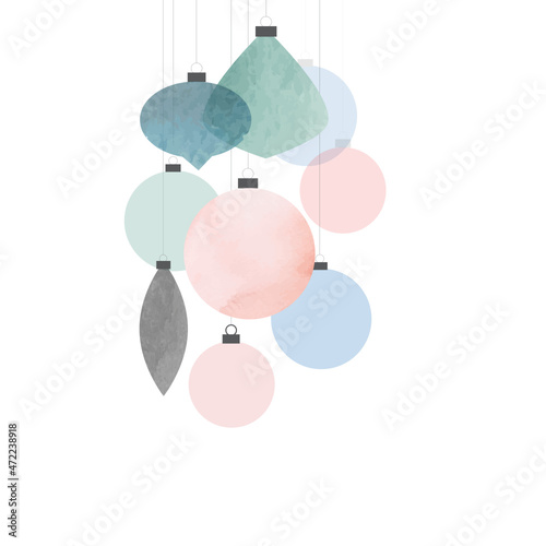Christmas watercolor card with balls, holiday template with colorful decorations, xmas and new year card with ornaments