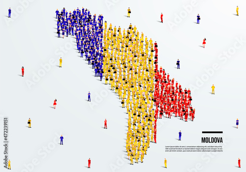 Moldova Map and Flag. A large group of people in the Moldova flag color form to create the map. Vector Illustration.