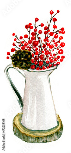 Vaso  con bacche rosse  e pigna, illustrazione ad acquerello isolata su sfondo bianco photo