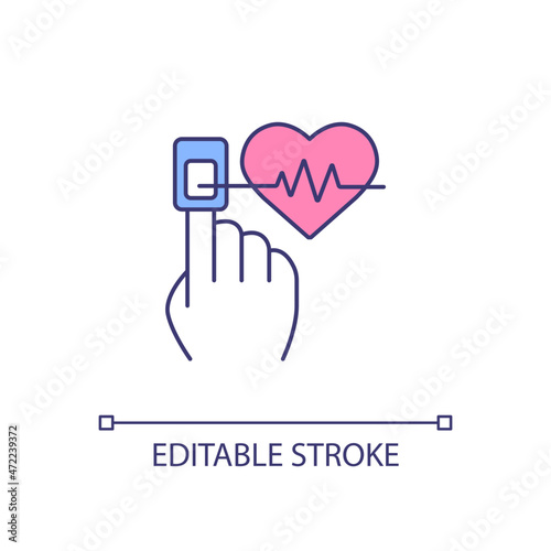 Pulse oximetry RGB color icon. Evaluating oxygen saturation level through fingertip. Electronic device. Oxygen in blood. Isolated vector illustration. Simple filled line drawing. Editable stroke