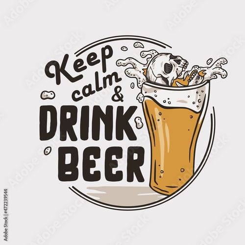 Beer glass with skull of a skeleton for print. Original brew design with beer mug with foam for print
