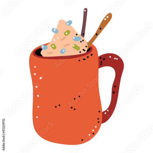Christmas hot chocolate in red cup vector cartoon illustration isolated on a white background.