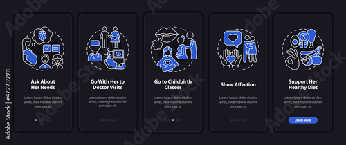 Pregnancy support onboarding mobile app page screen. Care about healthy diet walkthrough 5 steps graphic instructions with concepts. UI, UX, GUI vector template with linear night mode illustrations