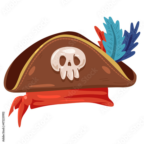 Pirate hat with skull and feathers vector cartoon illustration isolated on a white background.