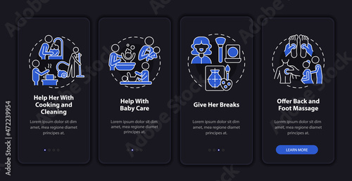 Supporting pregnant partner onboarding mobile app page screen. Give her breaks walkthrough 4 steps graphic instructions with concepts. UI, UX, GUI vector template with linear night mode illustrations