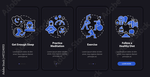 Improving mental health onboarding mobile app page screen. Proper exercises walkthrough 4 steps graphic instructions with concepts. UI, UX, GUI vector template with linear night mode illustrations