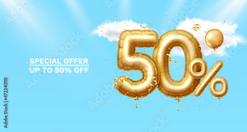 50 Off. Discount creative composition. 3d Golden sale symbol with decorative objects, heart shaped balloons, golden confetti, podium and gift box. Sale banner and poster. Vector