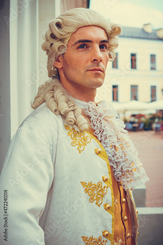 Portrait of a man in a medieval costume. Retro style and historical clothes concepts. Ukrainian Men's fashion of the 18th century