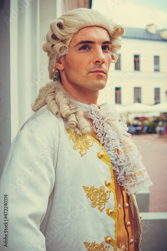 Portrait of a man in a medieval costume. Retro style and historical clothes concepts. Ukrainian Men's fashion of the 18th century