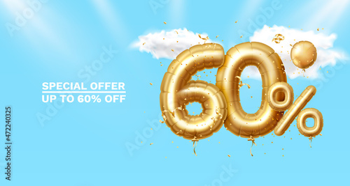 60 Off. Discount creative composition. 3d Golden sale symbol with decorative objects, heart shaped balloons, golden confetti, podium and gift box. Sale banner and poster. Vector
