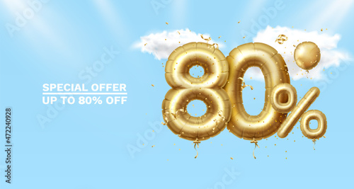 80 Off. Discount creative composition. 3d Golden sale symbol with decorative objects, heart shaped balloons, golden confetti, podium and gift box. Sale banner and poster. Vector