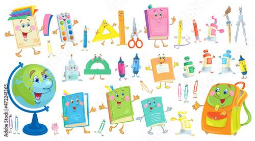 Big set of funny school items. Books, notebooks, pens, pencils, paper, compass, paints, brush, rulers, scissors, backpack, globe. In cartoon style. Isolated on white. Vector illustration