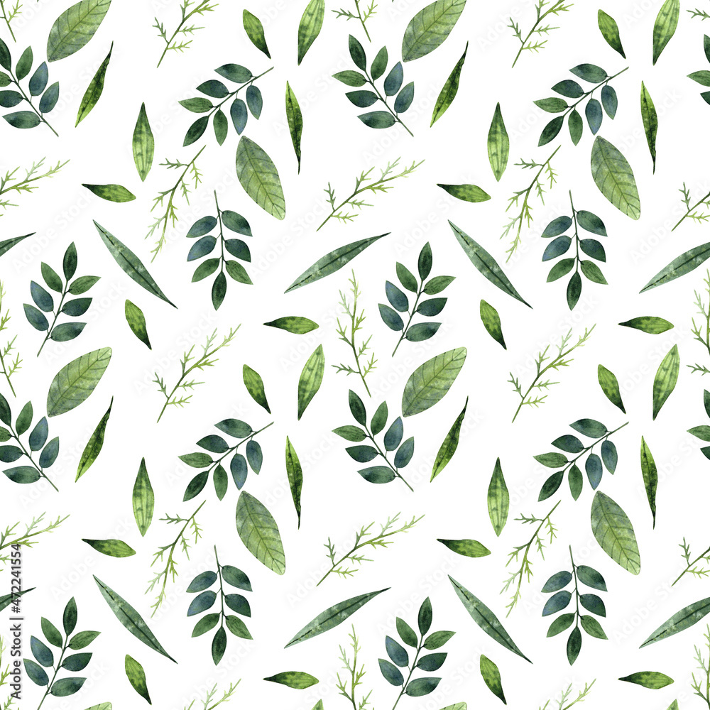 Watercolor seamless botanical pattern with green herbs and leaves on white background for prints, packages, scrapbook, wallpapers and textile.