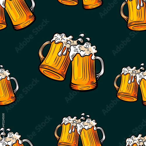 Seamless Pattern, Beer, Beer Mugs on Dark Background, Colorful.