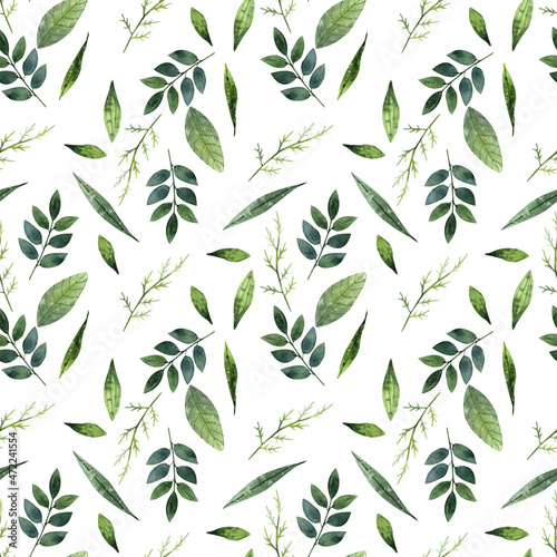 Watercolor seamless botanical pattern with green herbs and leaves on white background for prints  packages  scrapbook  wallpapers and textile.