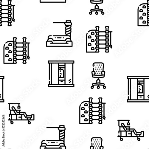 Furniture House Room Interior Vector Seamless Pattern Thin Line Illustration