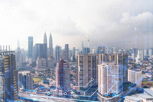 Canvas Print Technology hologram over panorama city view of Kuala Lumpur