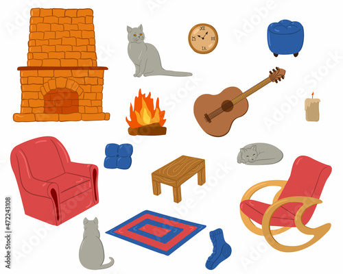 Cozy home. Set of vector autumn and winter illustrations: fireplace, cat, guitar, armchair, rocking chair, ottoman, clock, rug, socks and pillow. On white background.