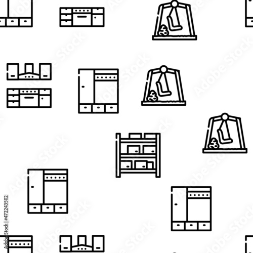 Furniture House Room Interior Vector Seamless Pattern Thin Line Illustration