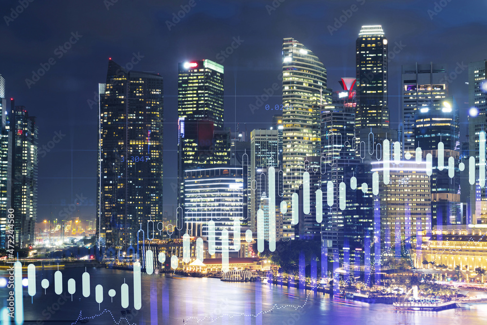 Naklejka premium FOREX graph hologram, aerial night panoramic cityscape of Singapore, the developed location for stock market researchers in Asia. The concept of fundamental analysis. Double exposure.