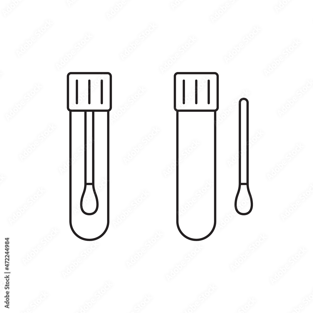 Laboratory tube with tupfer for clinical smear, linear icon. Medical supplies for saliva test. Outline simple vector. Contour isolated pictogram on white background Laboratory tube with tupfer for clinical smear, linear icon. Medical supplies for saliva test. Outline simple vector. Contour isolated pictogram on white background