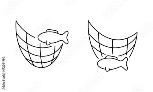 Fishnet linear icon. Outline simple vector of seine with fish. Contour isolated pictogram on white background
