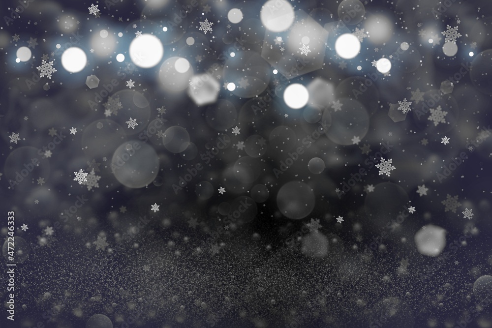 red fantastic bright glitter lights defocused bokeh abstract background with falling snow flakes fly, celebratory mockup texture with blank space for your content