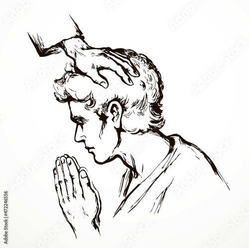 Prayer of blessing and laying on of hands. Vector drawing