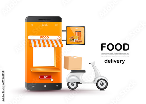 A parcel box sits on a delivery scooter parked next to a fast food restaurant on a smartphone for delivery and online shopping concept design,vector 3d isolated on white background
