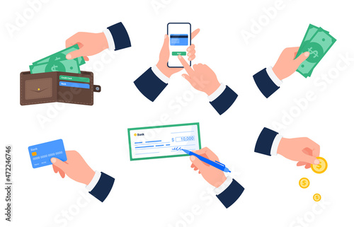 Set of different payment options. Hands with cash, mobile banking, credit card, check, coins. Financial operations, transactions, and payment concepts. Vector flat illustrations.