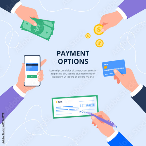Payment method and option to transfer money. Cash, mobile app, credit card, check, coins. Financial operations, transactions, and payment concept. Vector flat illustration for banners, landing page.
