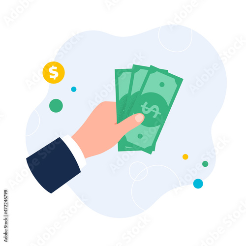 Hand holds banknotes. Payment by cash. Vector flat illustration isolated on the white background.