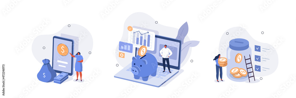Financial management illustration set. Characters saving money and analyzing financial report. People managing personal finance. Money savings and deposit growth concept. Vector illustration. - obrazy, fototapety, plakaty 