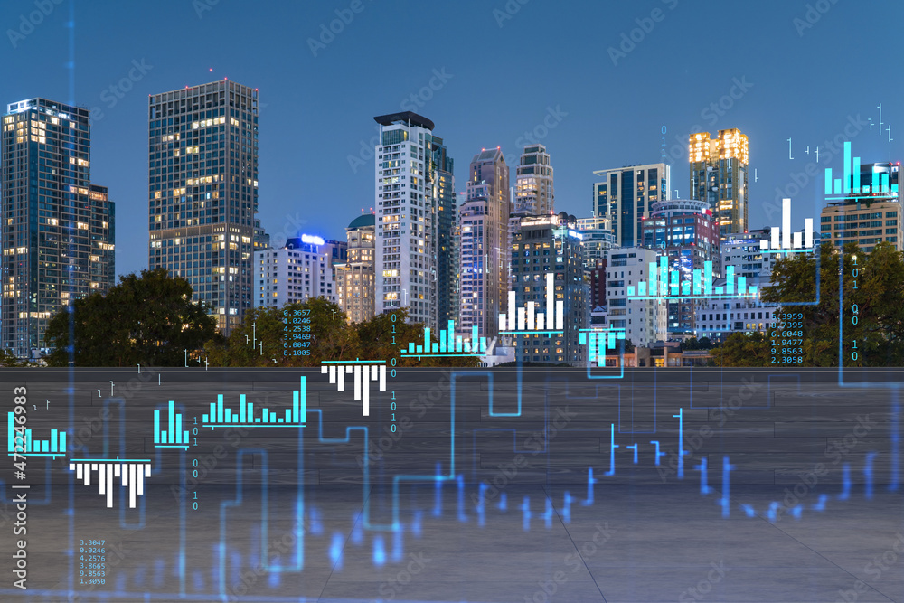 Obraz premium Rooftop with concrete terrace, Bangkok night skyline. Forecasting and business modeling of financial markets hologram digital charts. City downtown. Double exposure.