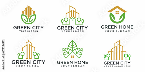 Abstract green city building logo design concept. Symbol icon of residential, apartment and city.