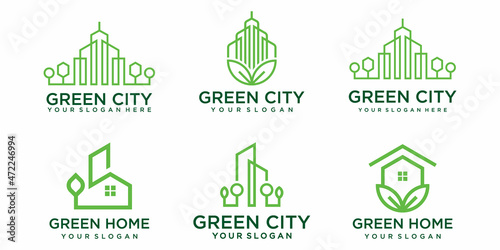 green city logo design vector template. Symbol icon of building, apartment, green home and city.