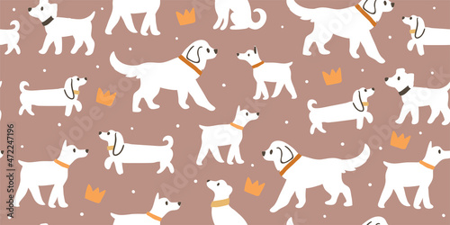 Fototapeta Naklejka Na Ścianę i Meble -  Vector seamless pattern with cute dogs isolated on white: dachshund, jack russell, terrier, doberman with flowers, crowns, polka dots. Animal pattern, perfect for kids textile, nursery decor, fabric