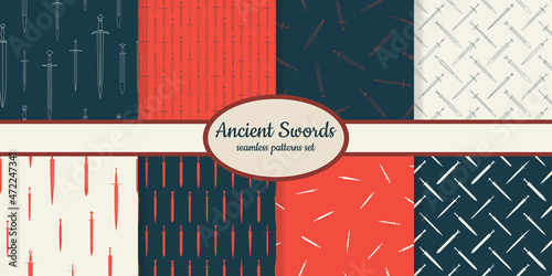 Collection of seamless patterns with ancient swords designed for web, fabric, paper and all prints 