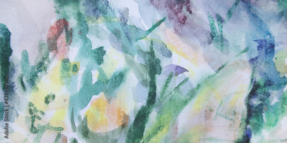 Blurry horizontal decorative wallpaper. Background with abstract stains, spots. Hand painted vague texture. Surge watercolor painting on weathered paper surface.