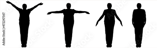 Exercises. A woman is standing there and moving hands: down, up, to the side, along the torso. The woman is practicing wellness gymnastics. Black female silhouettes are isolated on a white background.