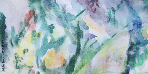 Blurry horizontal decorative wallpaper. Background with abstract stains, spots. Hand painted vague texture. Surge watercolor painting on weathered paper surface.