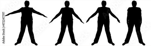 The woman is standing, legs are wide apart, her hands are moving down, up, aside, along the torso. The woman is in gymnastics. Exercises. Black female silhouettes are isolated on a white background.