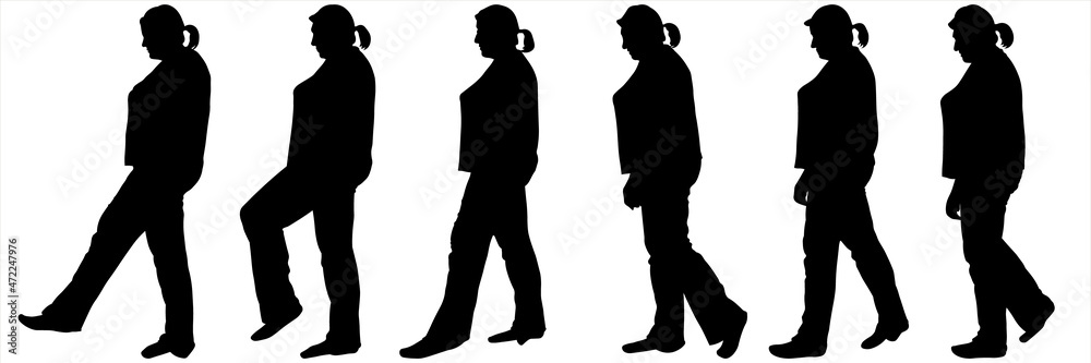 Black female silhouette isolated on white. Woman on the move with a tail on the head. A person walks at a leisurely pace. Human body. Side view. Walking. Hiking. Step-by-step silhouettes for animation