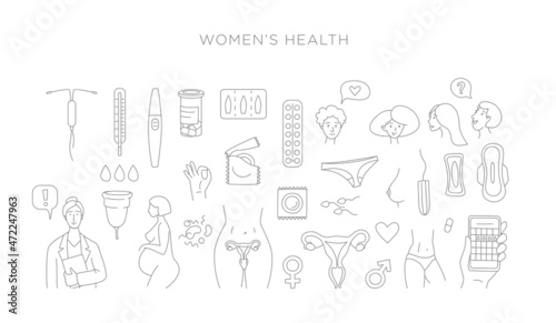 Women health, hygiene and contraception set of line icon