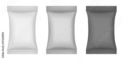 Realistic 3d mockup of a flow pack or sachet. Black pouch. Lollypop, candy, chocolate bar or ice cream wrapper. Silver foil bag. Soap or wet wipes