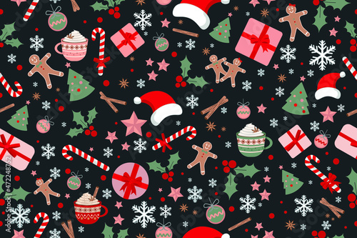 Christmas Seamless Pattern. Christmas and New year Holiday Repeatable Pattern. Decorative Elements Texture for Wallpaper, Gift Wrapping paper, Card or Banner Template or Fabric Textile Prints. photo