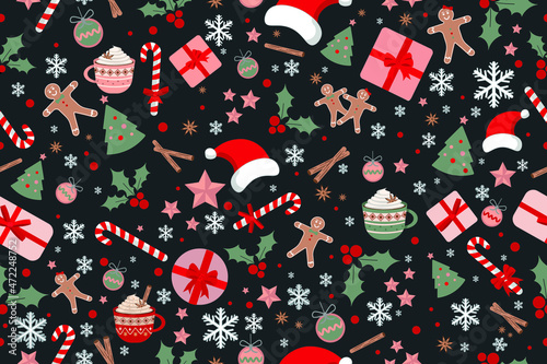 Christmas Seamless Pattern. Christmas and New year Holiday Repeatable Pattern. Decorative Elements Texture for Wallpaper, Gift Wrapping paper, Card or Banner Template or Fabric Textile Prints.