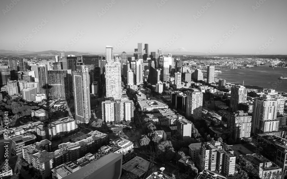 Seattle, Washington, USA - June 4 2021: Seattle downtown skyline during summer sunset. View from Seattle needle. Black and white.