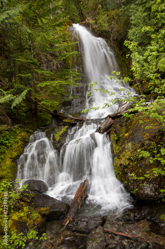 A double waterfall off Chinook Creek along the Eastside Trail at Mount Rainier National Park in Washington State during Spring.