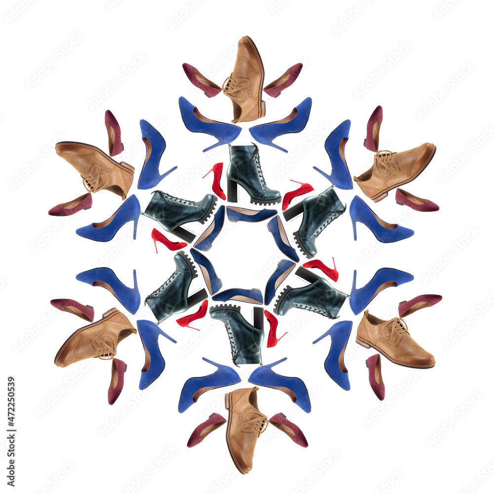Obraz premium Snowflake image made from photos of different shoes.
